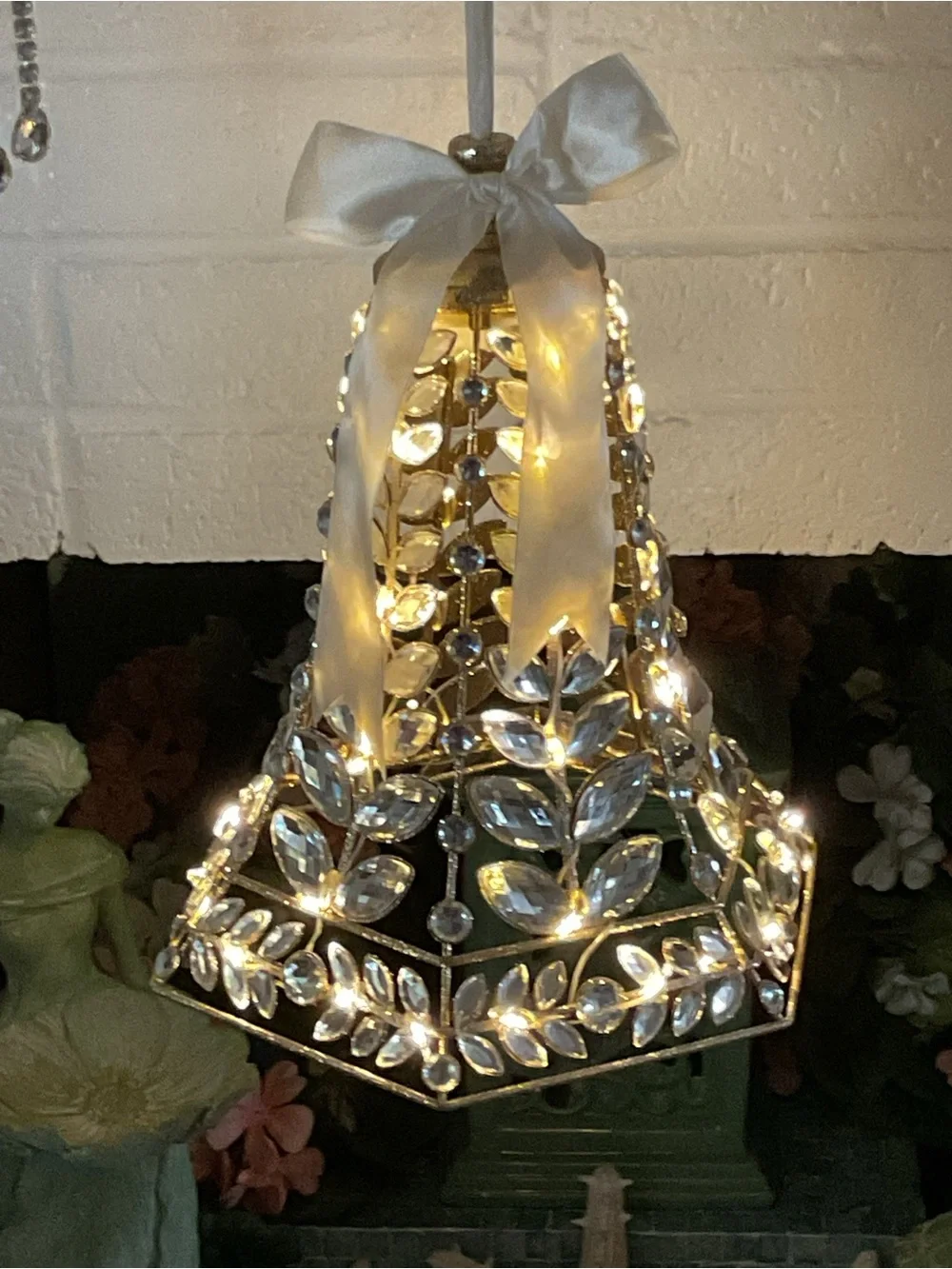 Crystal Leaf Holiday Bell String Light with Ivory Bow